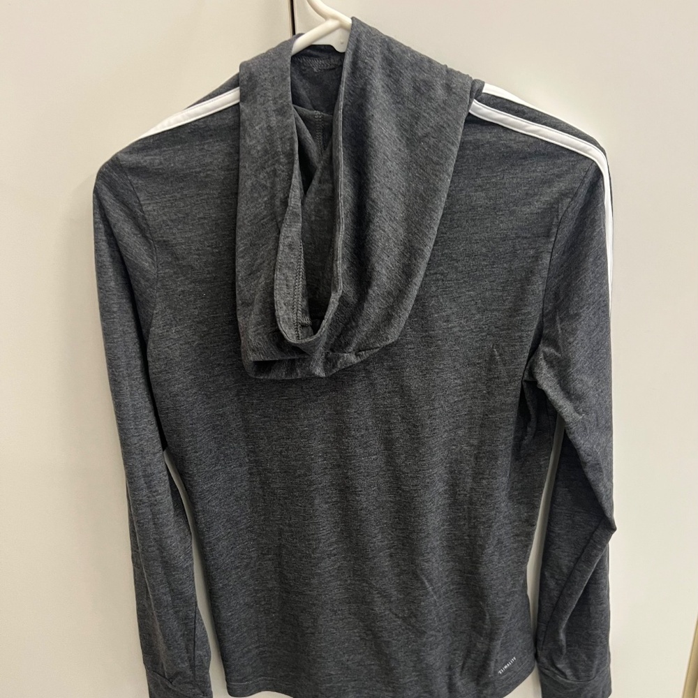 Adidas- Women's Charcoal Gray/White (3) Stripe Long Sleeve Tee with Hoodie - Picture 2 of 11